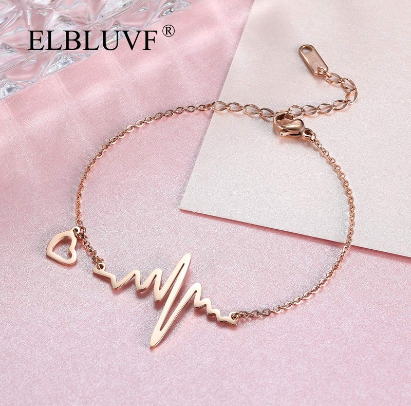 ELBLUVF Stainless Steel 18k Rose Gold Plated EKG Heartbeat Love Cardiogram Adjustable Bracelet Jewelry for Women 3 Colors (Rose gold) - Image 4